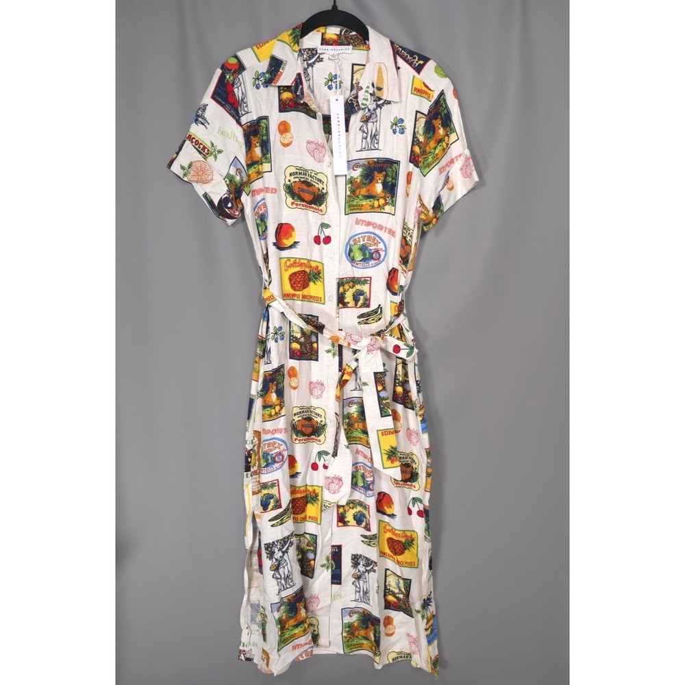 JANE + DELANCEY New Fruit Print Shirt Dress‎ Midi Belted Rayon Linen Midi Small